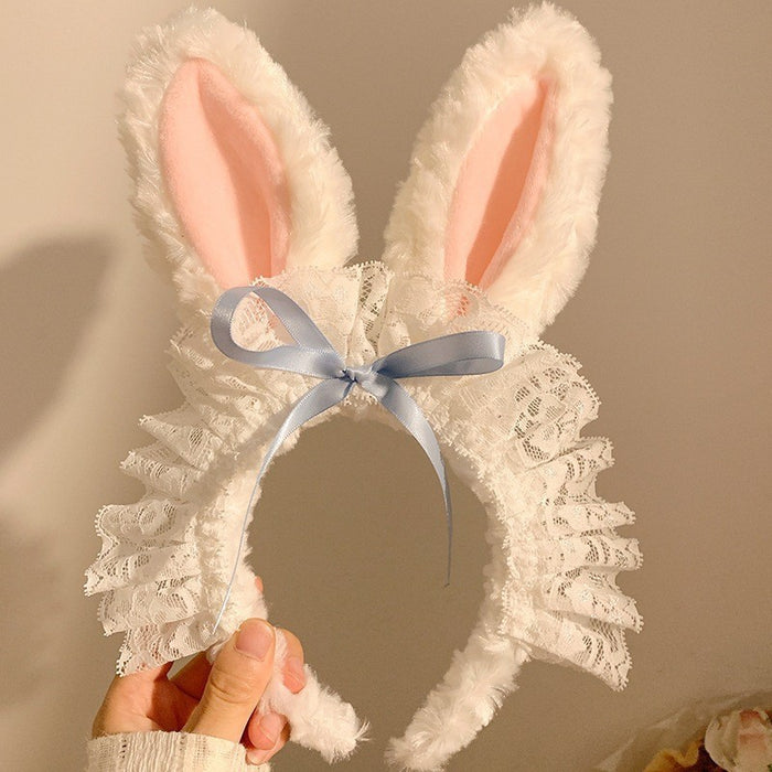 Wholesale Cute bow bunny ears lace trim plush headband
