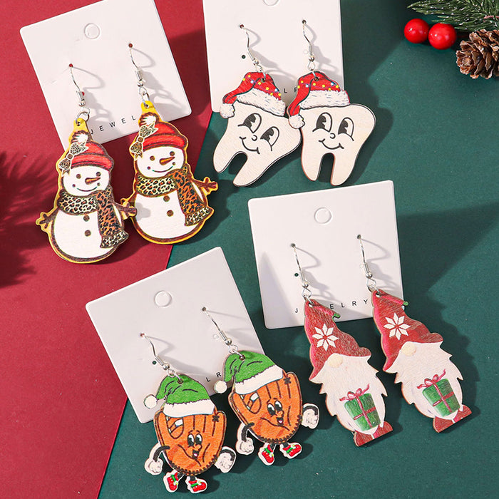 Wholesale Cartoon Christmas element printed wooden earrings for women Christmas tree earrings