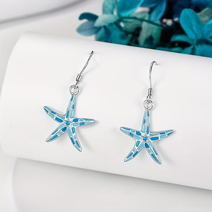 Wholesale Ocean Wind Alloy Dripping Oil Sea Star Series Earrings Simple and Versatile Blue Diamond Earhook