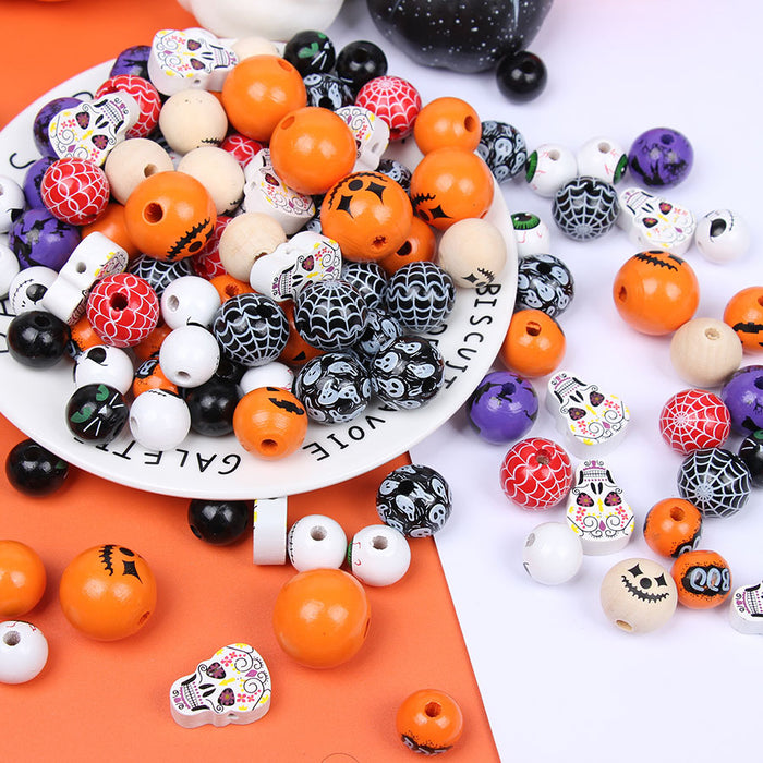 Wholesale 50PCS Halloween Colorful Witch Pumpkin Ghost Face Wooden Beads JDC-BDS-TianYue023