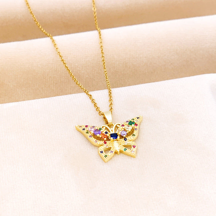 Wholesale Color Diamond Butterfly Necklace Titanium Steel JDC-NE-Mul005