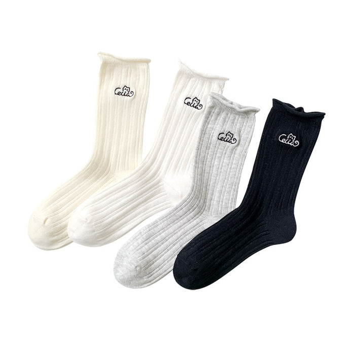 Wholesale Socks, thin, loose mouthed, mid tube, women's socks, embroidered, rolled edges, versatile, stacked, cotton socks