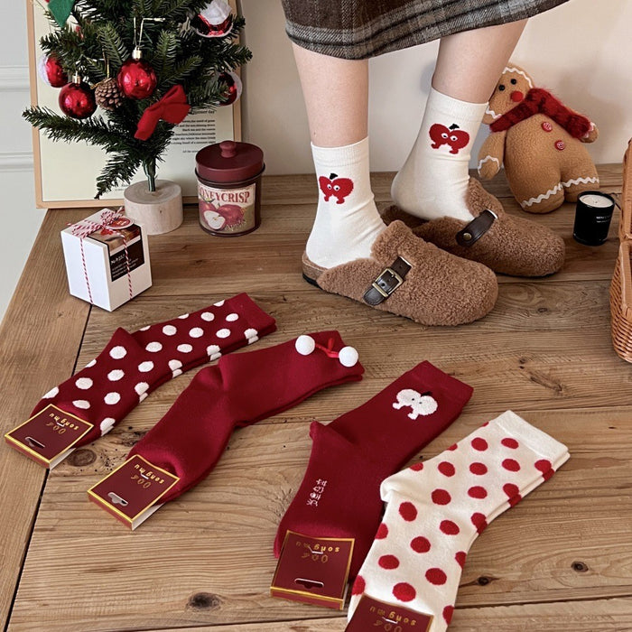 Wholesale Red Socks Children Rabbit Velvet Wave Point Middle Tube Creative