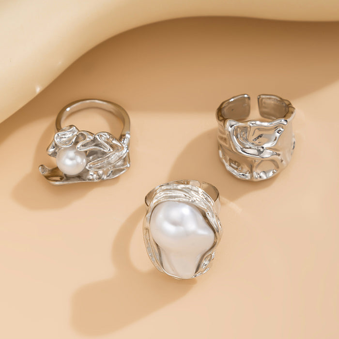 Wholesale Geometric Pearl Ring Set Personalized Liquid Metal Smooth Surface Ring