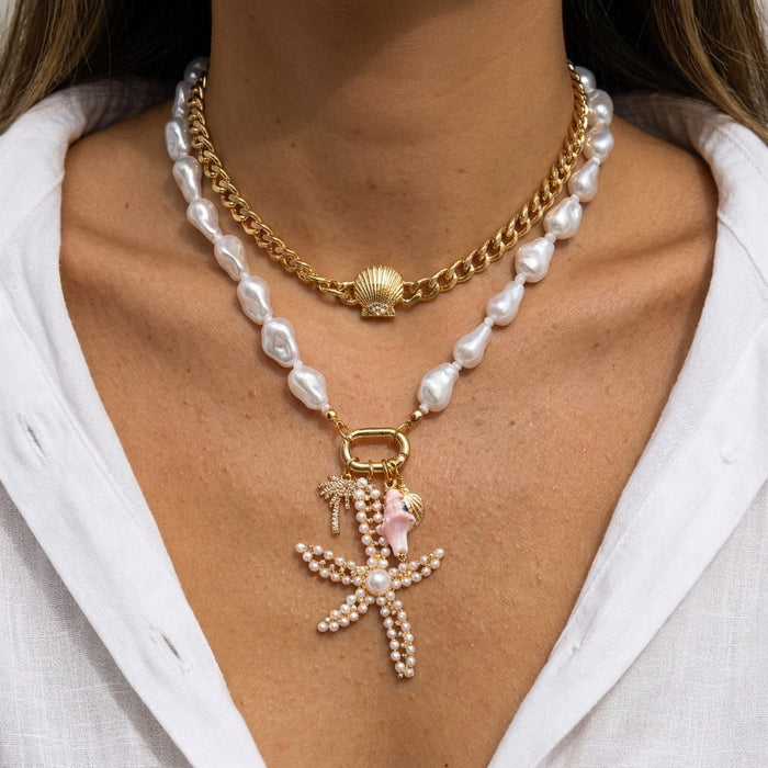 Wholesale Trendy Ocean- Layered Necklace Alloy Starfish and Shell Pendant Choker