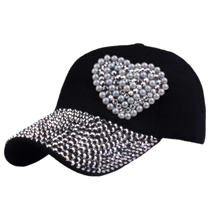 Wholesale Full-brimmed rhinestone baseball cap with heart-shaped rhinestone pattern