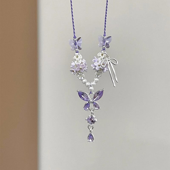 Wholesale Hand-Knitted Purple Flower Butterfly Necklace with Artificial Crystal Lily of the Valley Pendant