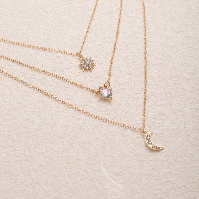 Wholesale Popular retro multi-layer layered star moon necklace with light luxury design and diamond studded water droplet pendant