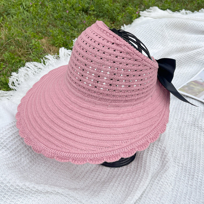 Wholesale New curled edge hollow knitted sun hat temperament bow top hat large brim foldable fisherman hat