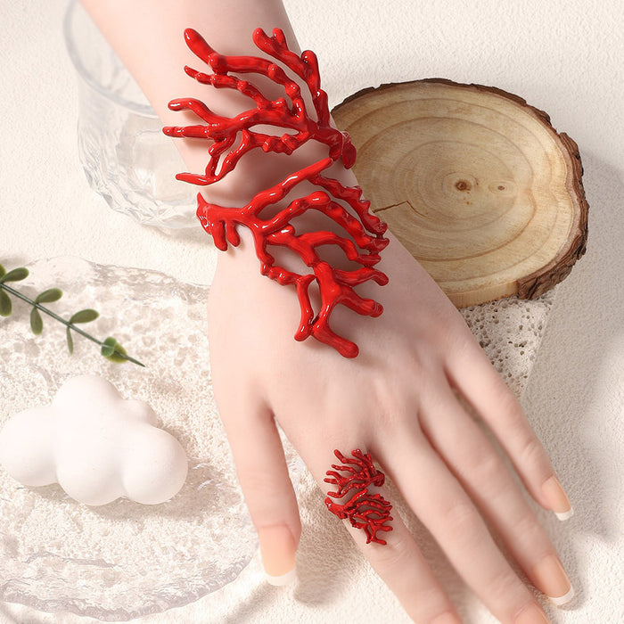 Wholesale Irregular Red Coral Alloy Bracelet Ring Fashion Creative