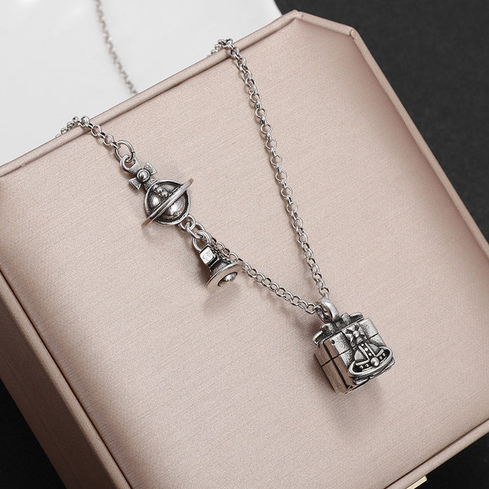 Wholesale Vintage distressed Saturn gift box pendant necklace