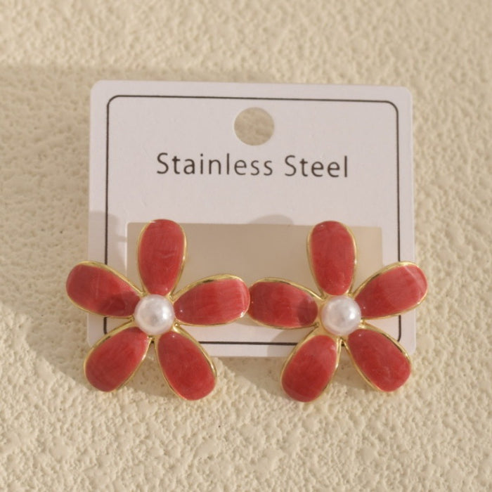 Wholesale Vintage Floral 2. 6cm Pearl Earrings Oil-Drip Earrings for Women