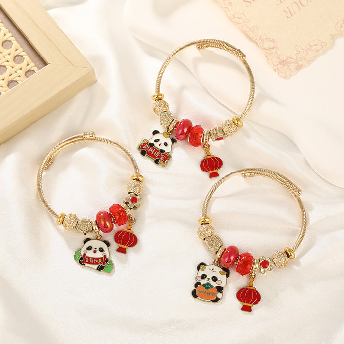 Wholesale Stainless Steel Cartoon Panda Bracelet with Red Lantern Pendant MOQ≥2