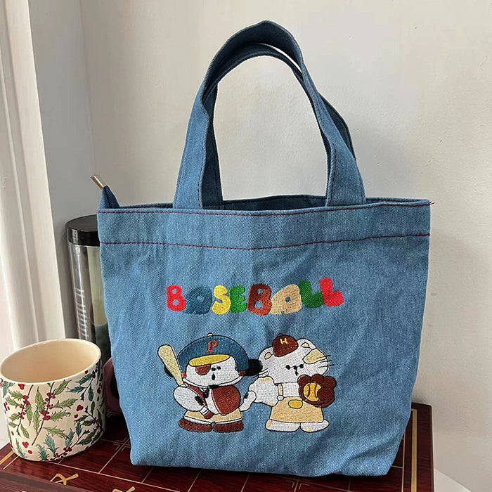 Wholesale Cartoon embroidery washed denim large capacity handbag student cute handbag bucket lunch bag