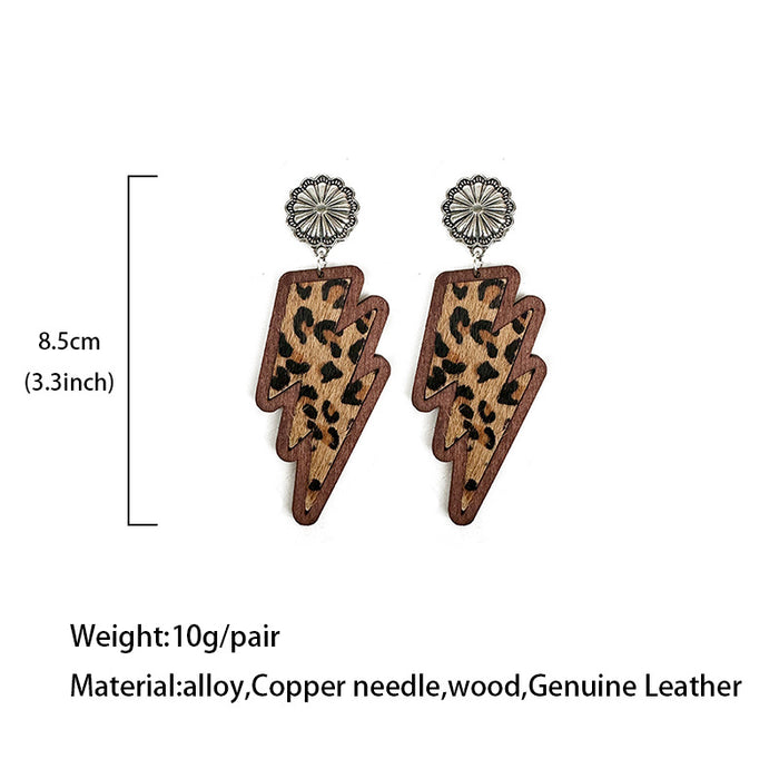 Wholesale Western lightning earrings classic leopard print genuine leather inlaid wood texture earrings