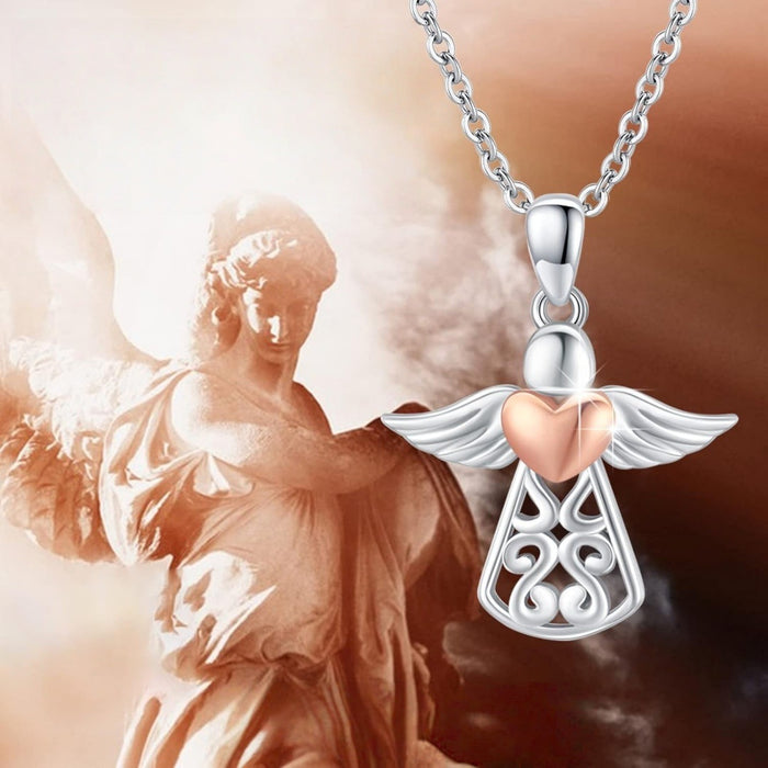 Wholesale Heart shaped two tone angel wing necklace, retro personalized angel pendant necklace