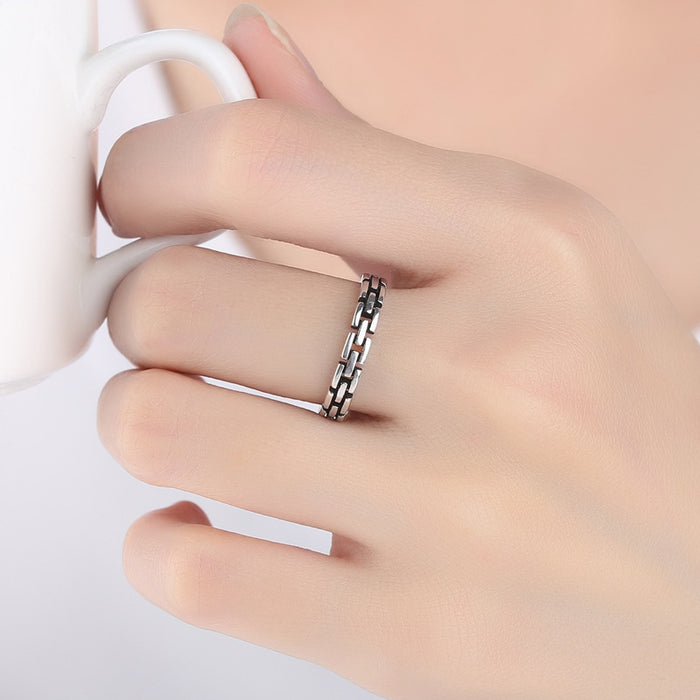 Wholesale Vintage rectangular block splicing hollow ring, fashionable vintage style, personalized silver plated open mouth dining ring