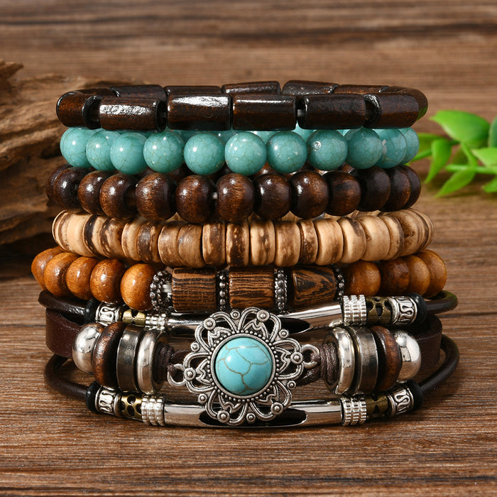 Wholesale Bohemian style nut shell wood beaded elastic thread multi-piece bracelet set