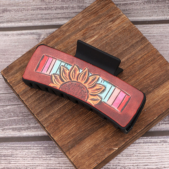 Wholesale Cross-border Western Wind Denim Wind Sunflower Leather Hairpin Women' s Shark Clip Grab Clip Amazon AliExpress