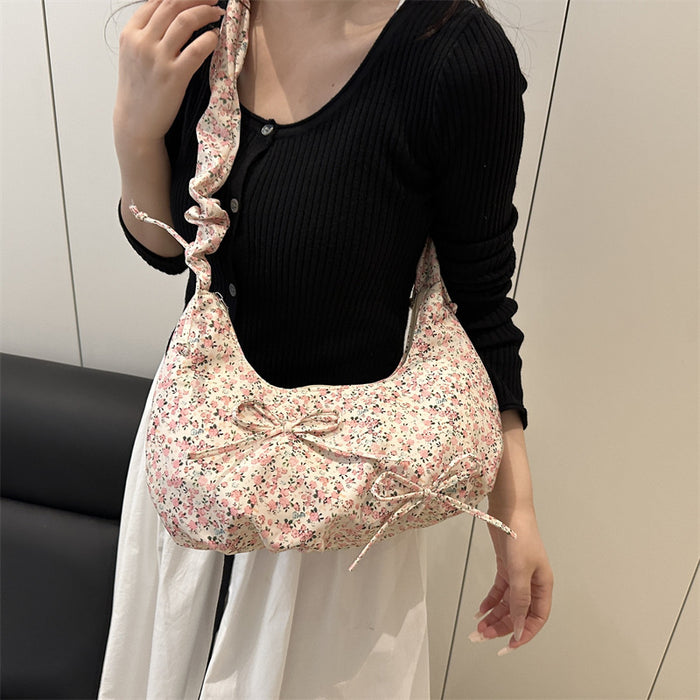 Wholesale Bowknot Floral Pleated Cloud Bag Women' s One-shoulder Underarm Bag Casual Crossbody Canvas Bag