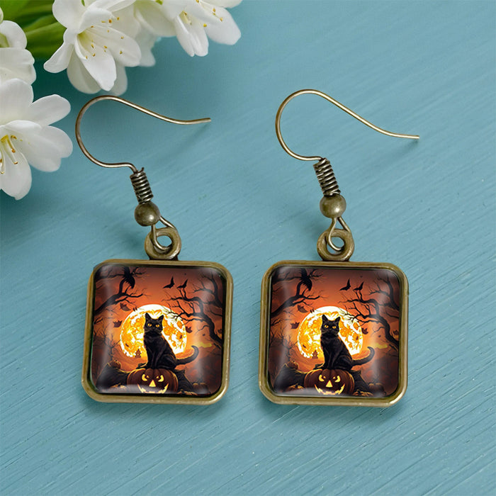 Wholesale  Black Cat Pumpkin Autumn Vintage Copper Square Time Gem Crystal Glass Earrings