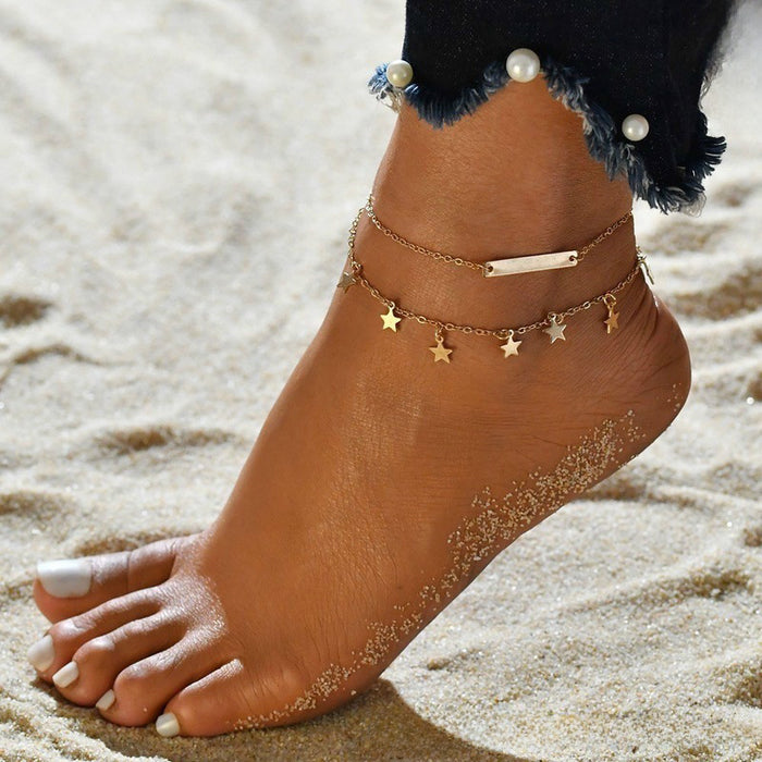 Wholesale Beach multi-layer zircon leaves, octagonal pearl ankle chain, sun moon star pattern jewelry