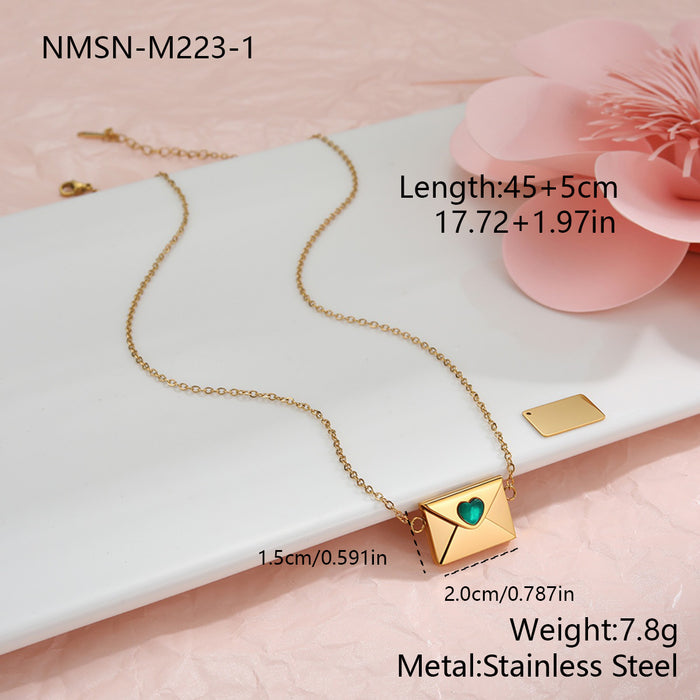 Wholesale Valentine' s Day-themed envelope-shaped stainless steel necklace with heart-shaped elements and rhinestones.