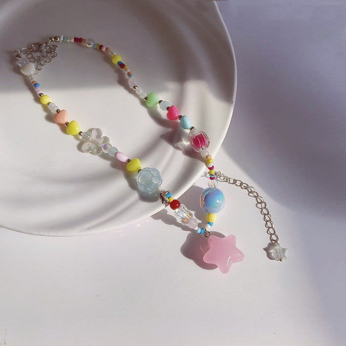 Wholesale Beaded Pink Star Pendant Necklace JDC-NE-TongS007
