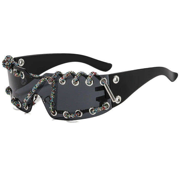 Wholesale Cyberpunk Rimless Rhinestone Sunglasses with Metal Rings and Rivets