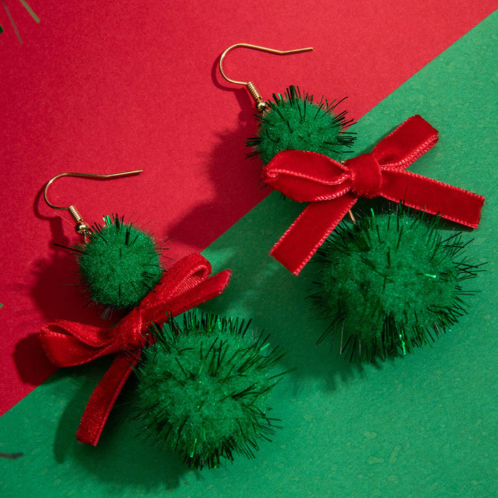 Wholesale Alloy Christmas Earrings Red Green Bow Pom-Pom Party Jewelry Accessory Gift MOQ≥2