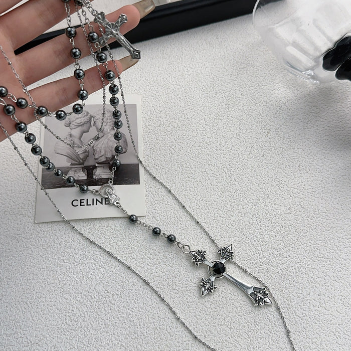 Wholesale Cross bead necklace, multi-layer stacked heavy industry long sweater, chain punk niche design accessory