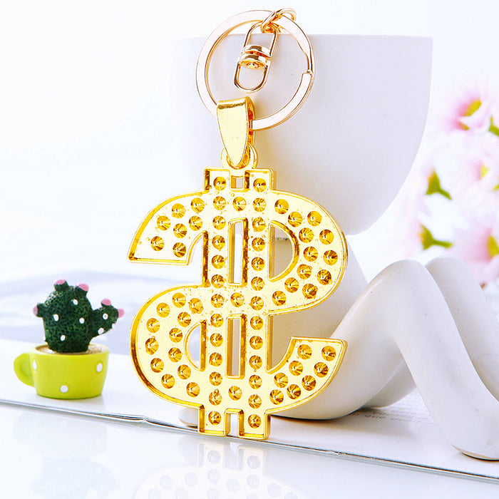 Wholesale Dollar symbol car keychain metal pendant keychain ring inlaid with diamonds creative gift