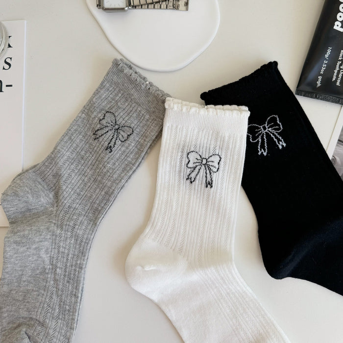 Wholesale Bow gray mid tube socks with mesh ultra-thin women's socks