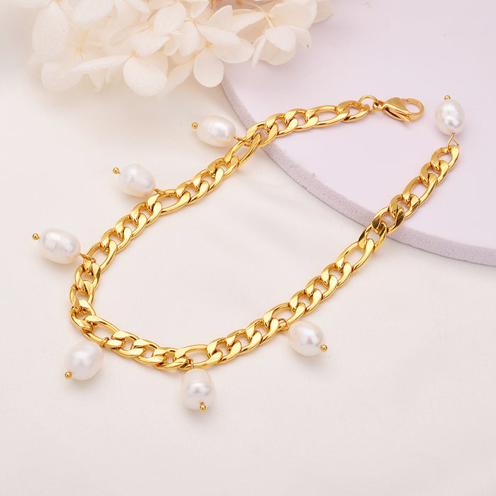 Wholesale Hip hop personality stainless steel natural freshwater pearl Cuban chain foot chain color preservation wholesale