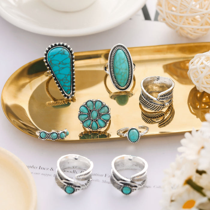 Wholesale New personalized combination hand jewelry retro feather turquoise opening 8-piece set ring