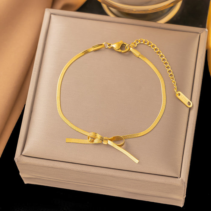 Wholesale Titanium Steel 18K Gold Plated Snake Bone Chain Bowknot Necklace JDC-NE-YiBao001