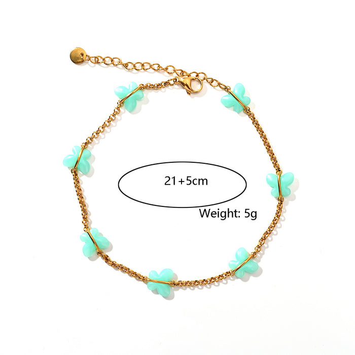 Wholesale Cross border fashion stainless steel snake bone chain, colorful oil dripping butterfly ankle chain