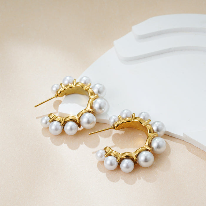 Wholesale Pearl Circle Stainless Steel Gold Plated Earrings