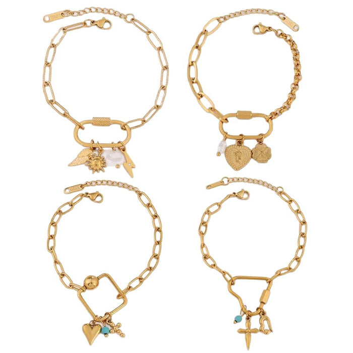 Wholesale Gold-Plated Stainless Steel Multi-Element Heart-Shaped Cross Screw Clasp Bracelet