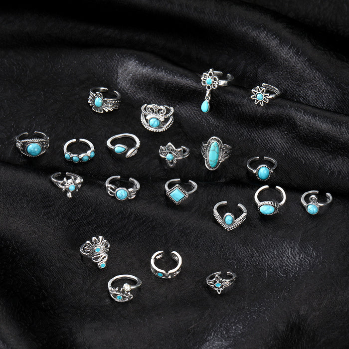 Wholesale Retro Bohemian Turquoise Opening 20-Piece Set Ring