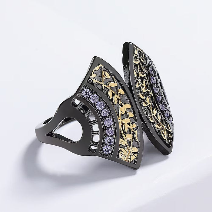 Wholesale Retro black gold two-color ring, fashionable fan-shaped diamond ring, niche personality
