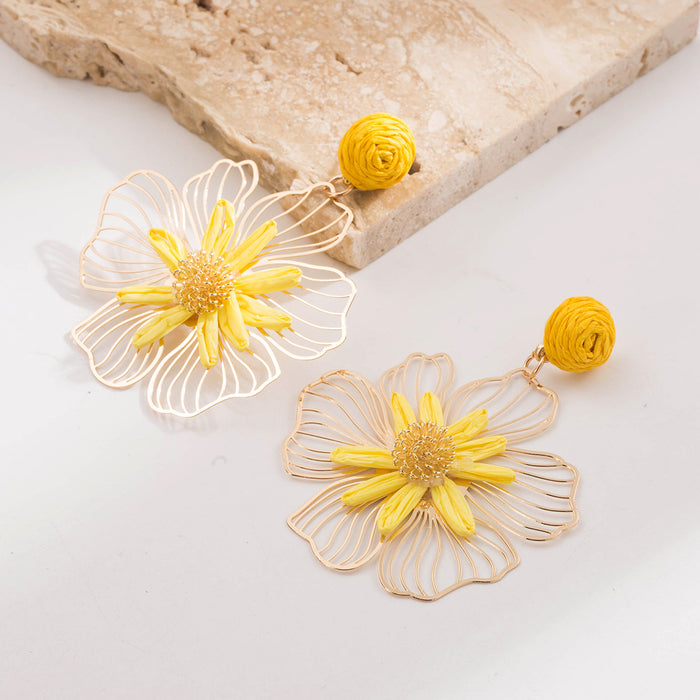 Wholesale Raffia Flower Earrings Yellow Alloy Jewelry Accessory Gift Boutique