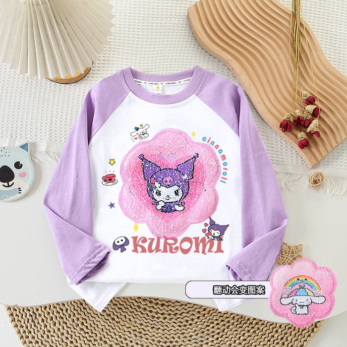 Wholesale Spring and Autumn Girls Cartoon Kuromi Sequin Flip Color Long Sleeve T-shirt Pure Cotton Bottoming Shirt Top Personalized Design JDC-CTS-QNE004