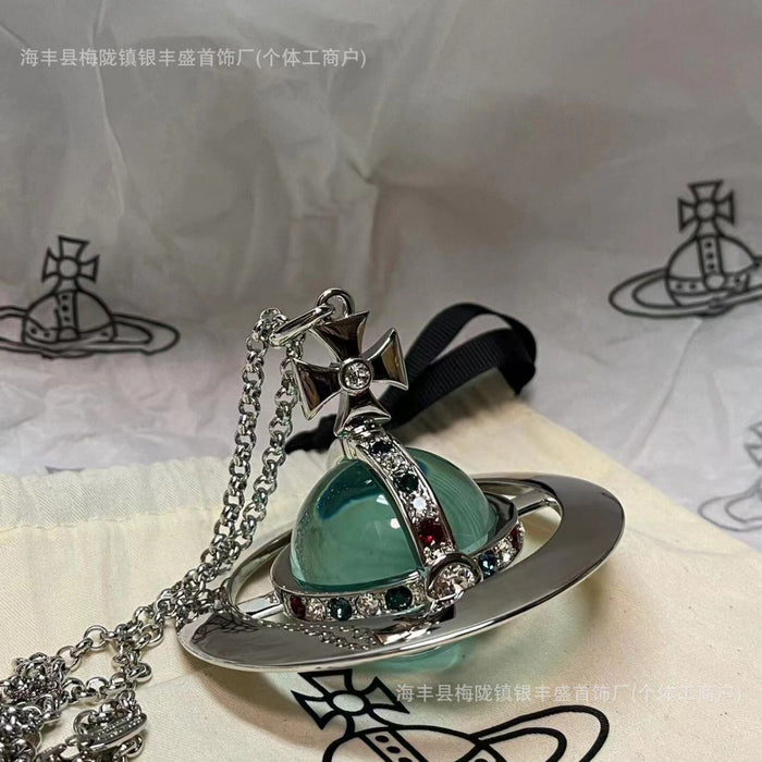 Wholesale Medium sized large mint green orb three-dimensional planet necklace Saturn versatile collarbone chain