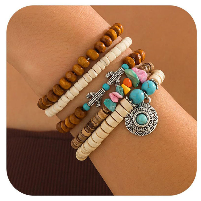 Wholesale Retro Multi-Layered Soft y Bracelet Cowboy Hat Bohemian Stacked Bracelet Bull Head Cactus Turquoise Bracelet