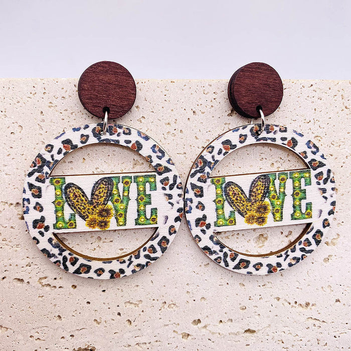 Wholesale Wooden Earrings Hollow Sunflower  Personalized Leopard Print Striped Retro Earrings
