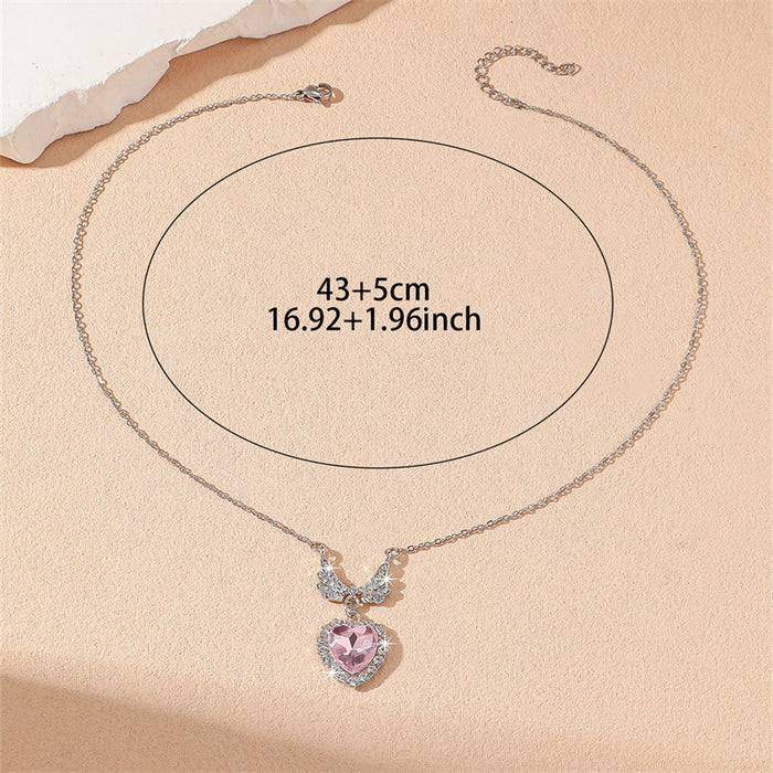 Wholesale Heart Wings Rhinestone Necklace Pink Jewelry Accessory MOQ≥2