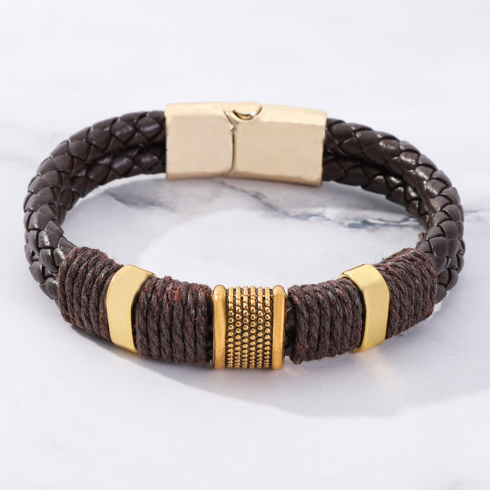 Wholesale Hand string double-layer retro alloy cowhide woven bracelet, fashionable men's leather magnetic buckle bracelet