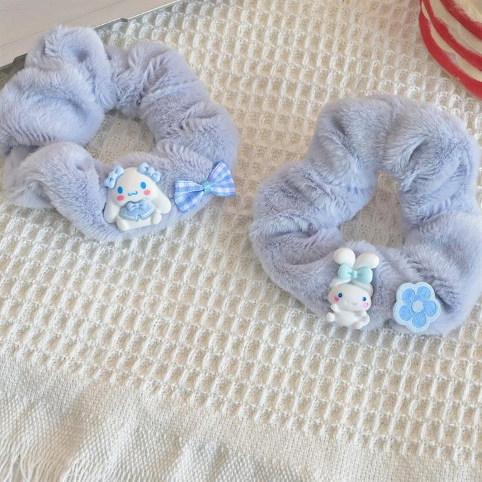 Wholesale Cute blue and white soft and cuddly plush hair scrunchies