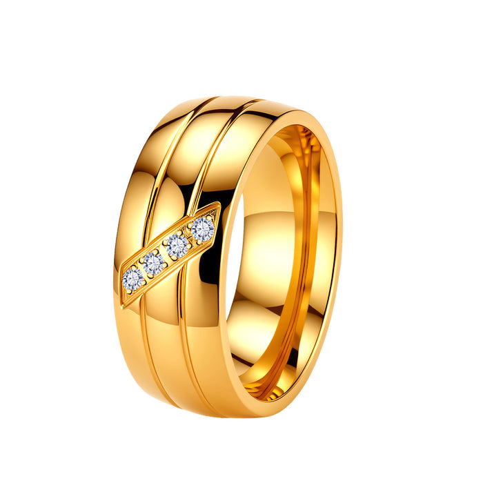 Wholesale Gold Stainless Steel Couple Ring with Diamond Inlay Fashion Jewelry Accessory